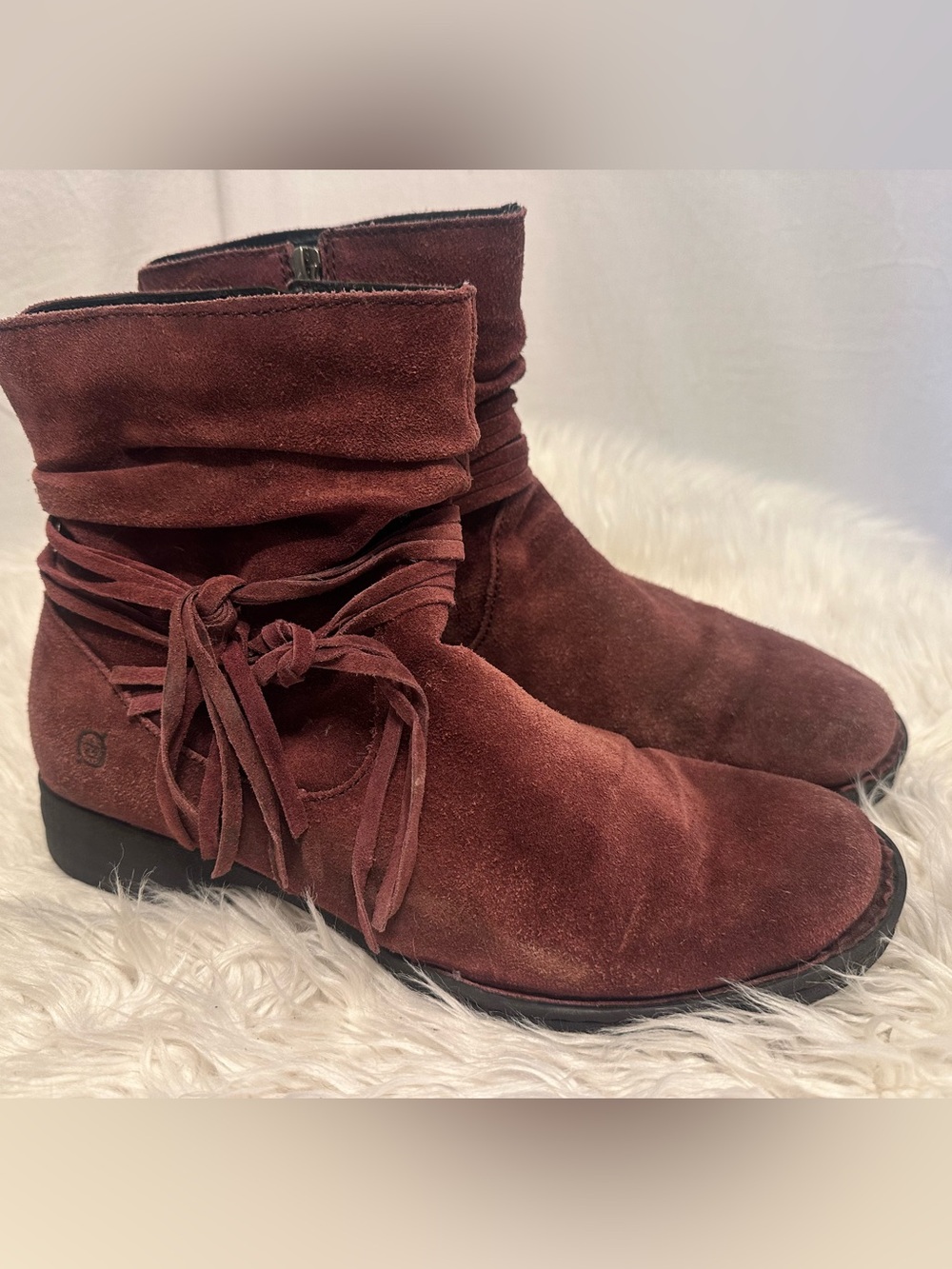 Born Burgundy Suede Fringe Wrap Ankle Boots Boho Western D70347 Womens 10